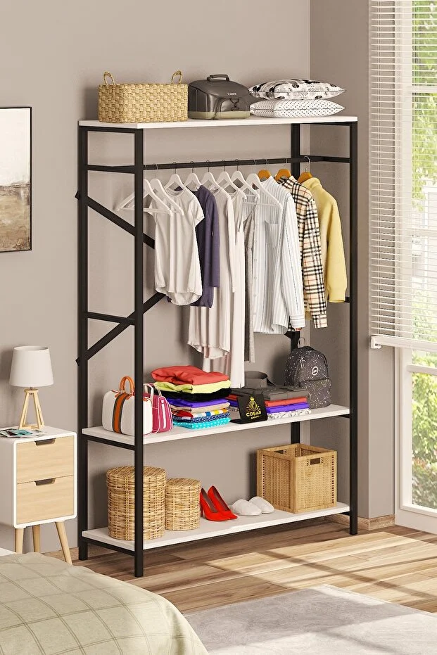 Metal Masif Ahşap Desenli Yonga Levha Açık Giyinme Dolap